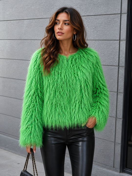 Damen Kurz geschnittene Shaggy‑Kunstpelzjacke mit rundem Ausschnitt, extraweichem Langhaar und legerer Passform Nord Taschen