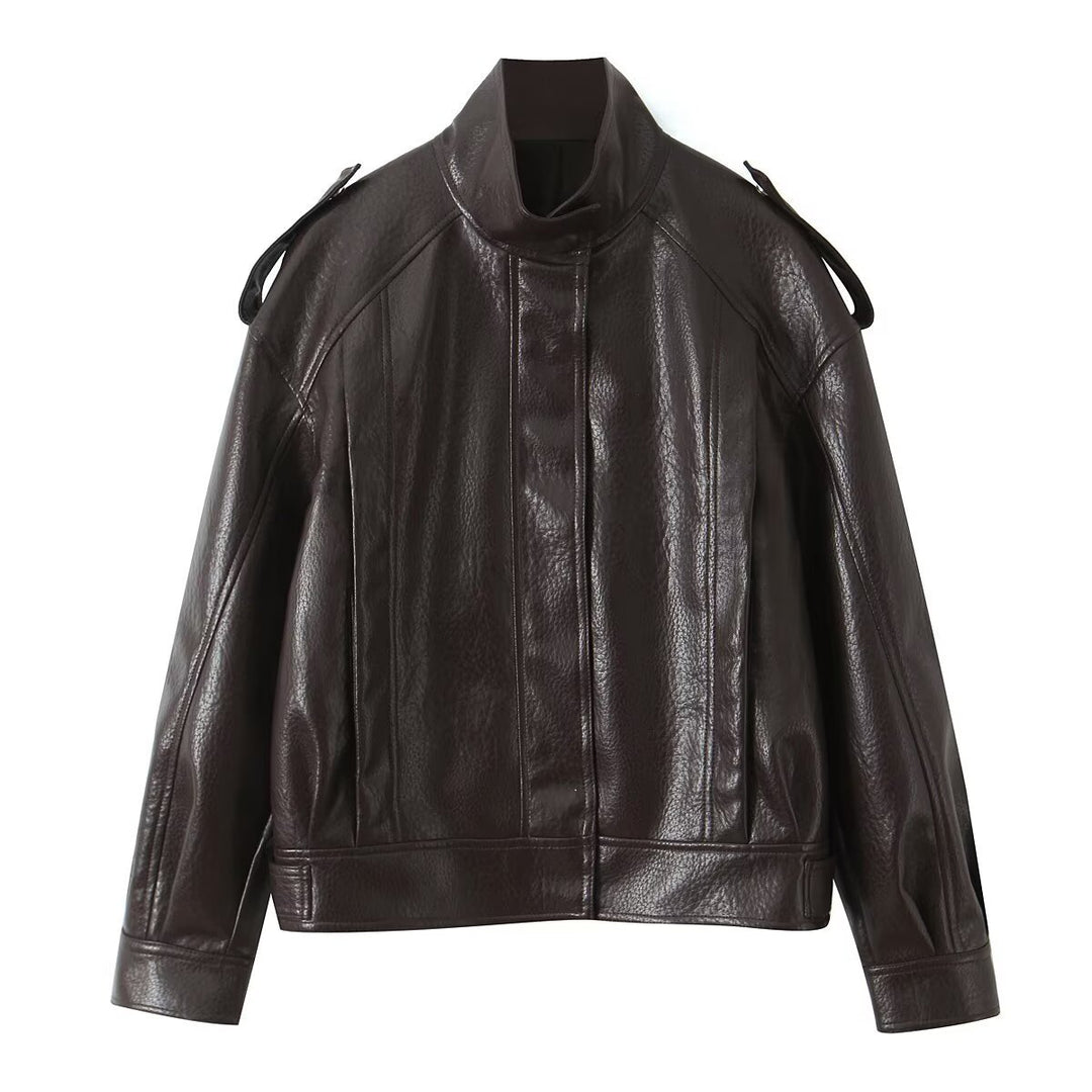 Damen Cropped Bomberjacke aus Kunstleder mit hohem Stehkragen und Schulterklappen Nord Taschen