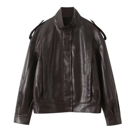 Damen Cropped Bomberjacke aus Kunstleder mit hohem Stehkragen und Schulterklappen Nord Taschen