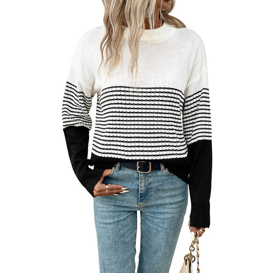 Damen Relaxed-Fit Blockstreifen-Feinstrickpullover mit Rippbündchen und überschnittener Schulter Nord Taschen