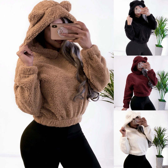 Damen Kurzer Kapuzen‑Sherpa‑Pullover mit Kängurutasche und elastischem Saum Nord Taschen