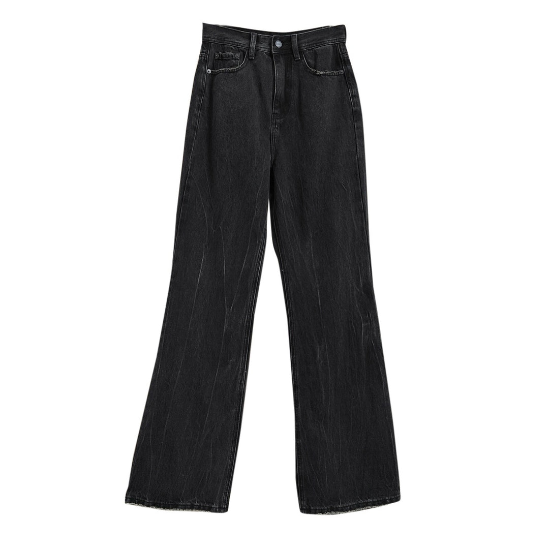 Damen Weite High‑Waist-Jeans mit ausgestelltem Bein, rohem Saum und Vintage-Waschung Nord Taschen