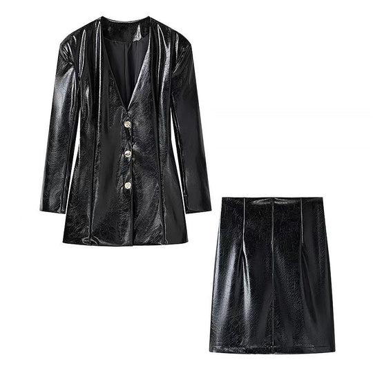 Damen Lackblazer-Minikleid mit taillierten Abnähern und goldenen Zierknöpfen Nord Taschen