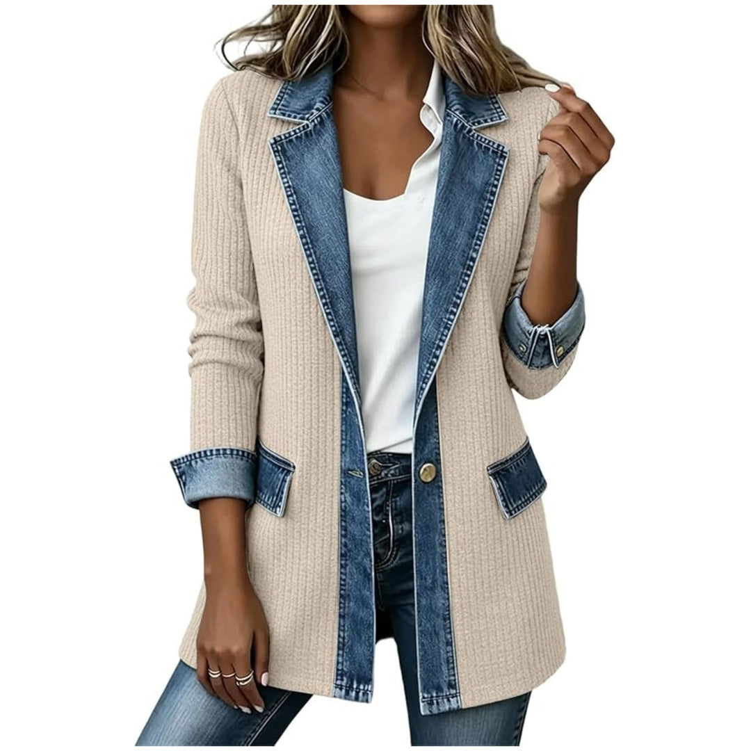 Damen Strickblazer mit Jeansbesatz und Reverskragen Nord Taschen