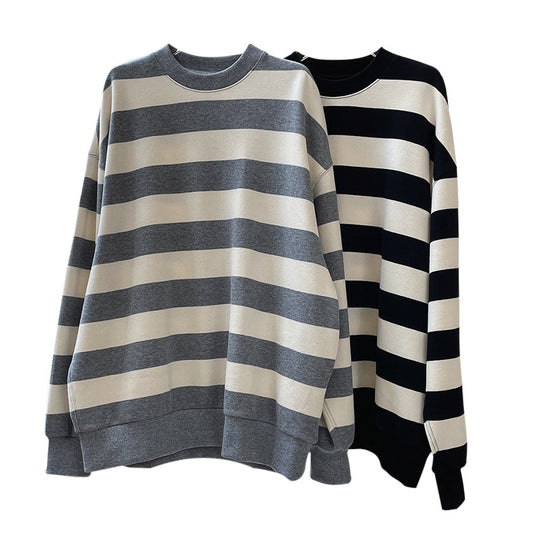 Damen Oversized Baumwollmix-Strickpullover mit breiten Blockstreifen und überschnittener Schulter Nord Taschen