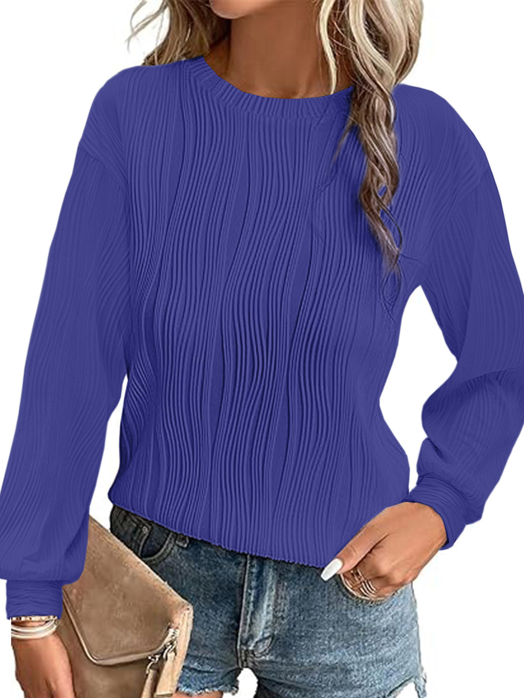 Damen Plissiertes Feinstrick-Longsleeve mit Rundhalsausschnitt Nord Taschen
