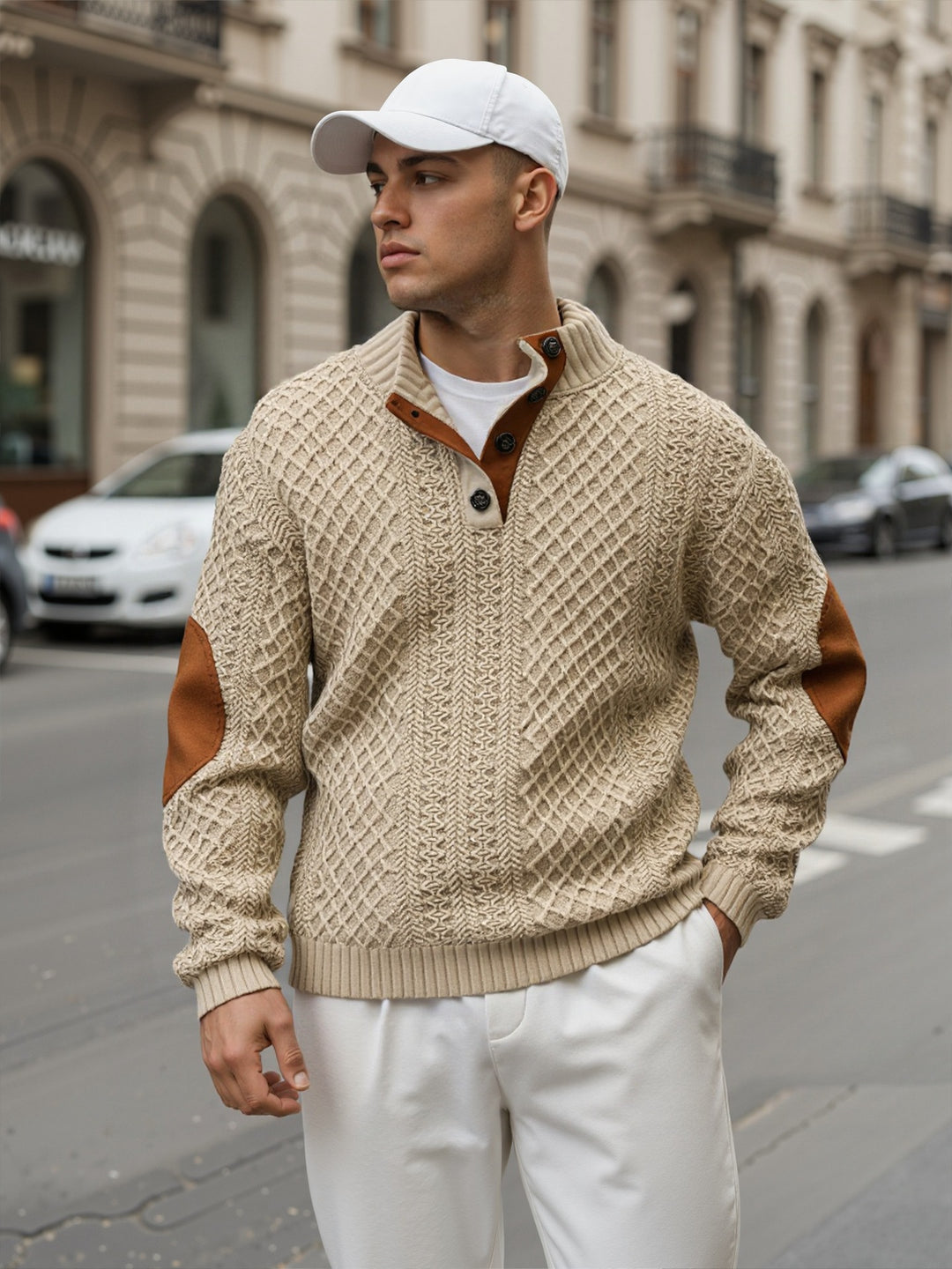 Herren Troyer-Pullover mit Stehkragen, strukturierter Strickoptik und Kontrast-Ellbogenpatches Nord Taschen