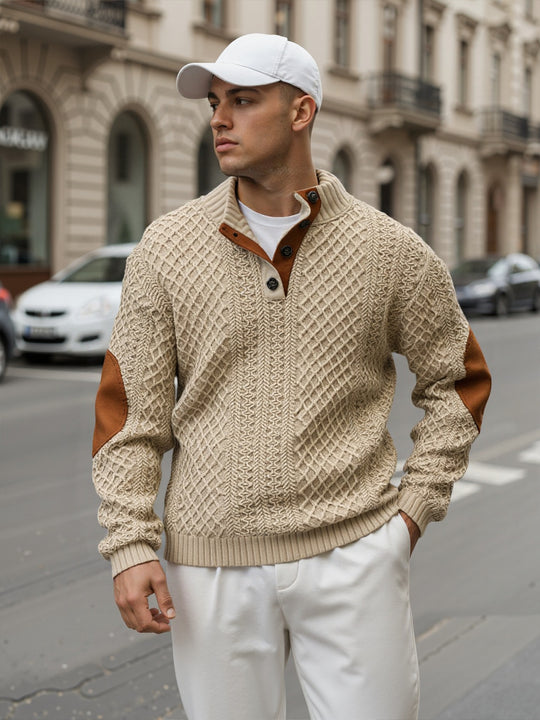 Herren Troyer-Pullover mit Stehkragen, strukturierter Strickoptik und Kontrast-Ellbogenpatches Nord Taschen