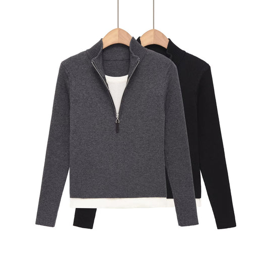 Damen Feinstrickpullover mit halbem Reißverschluss, Stehkragen und Lagenlook-Saum Nord Taschen