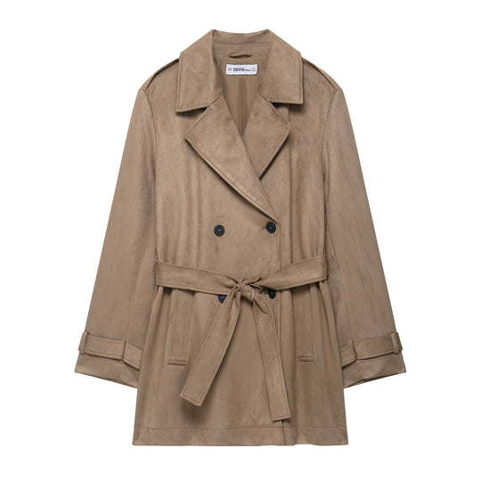 Damen Trenchcoat in Veloursleder-Optik doppeltreihig mit Taillengürtel Nord Taschen