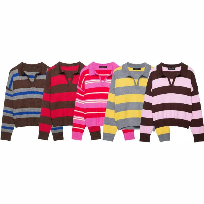 Damen Cropped Rugby-Strickpullover mit Kentkragen und V‑Ausschnitt Nord Taschen