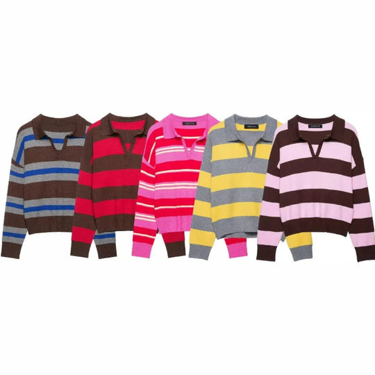 Damen Cropped Rugby-Strickpullover mit Kentkragen und V‑Ausschnitt Nord Taschen