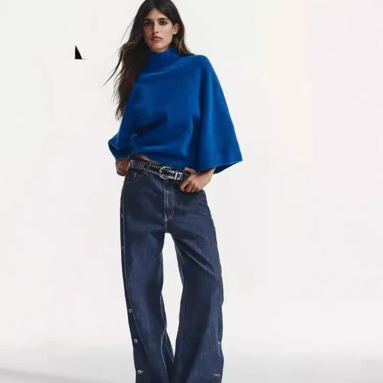 Damen Oversize Strickponcho mit Rollkragen und Raglanärmeln Nord Taschen