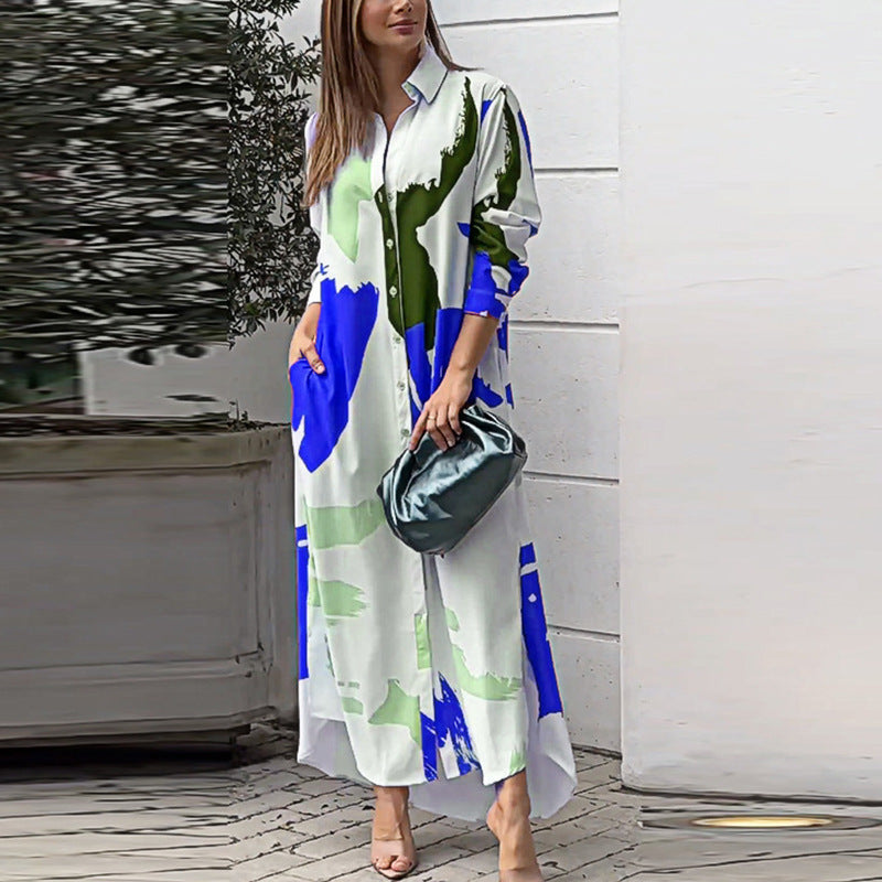 Damen Langes Hemdblusenkleid mit abstraktem Pinselprint und seitlichen Eingrifftaschen Nord Taschen