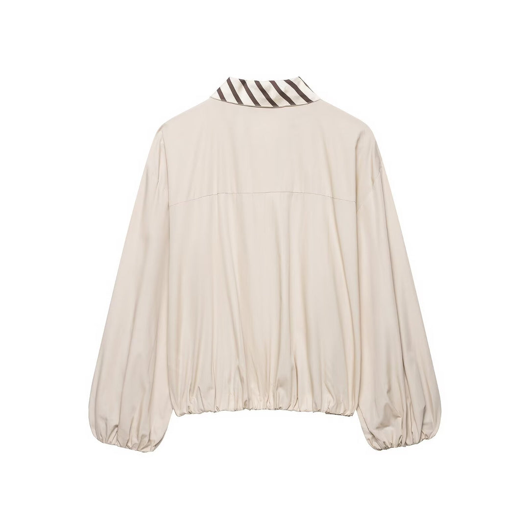 Damen Schluppenbluse im Cropped‑Boxy‑Schnitt mit Ballonärmeln und kontrastierter Schluppenblende Nord Taschen