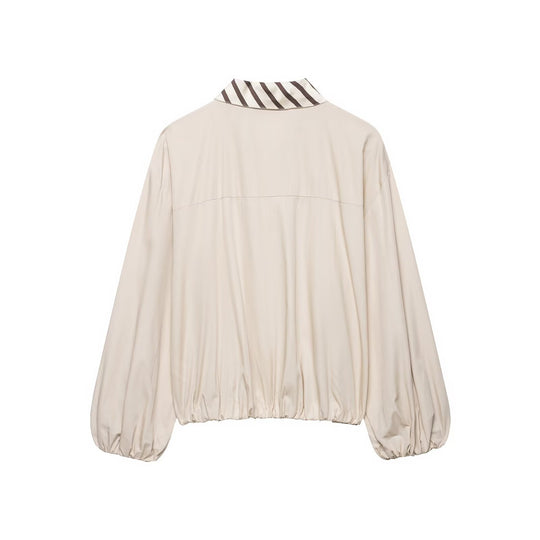 Damen Schluppenbluse im Cropped‑Boxy‑Schnitt mit Ballonärmeln und kontrastierter Schluppenblende Nord Taschen