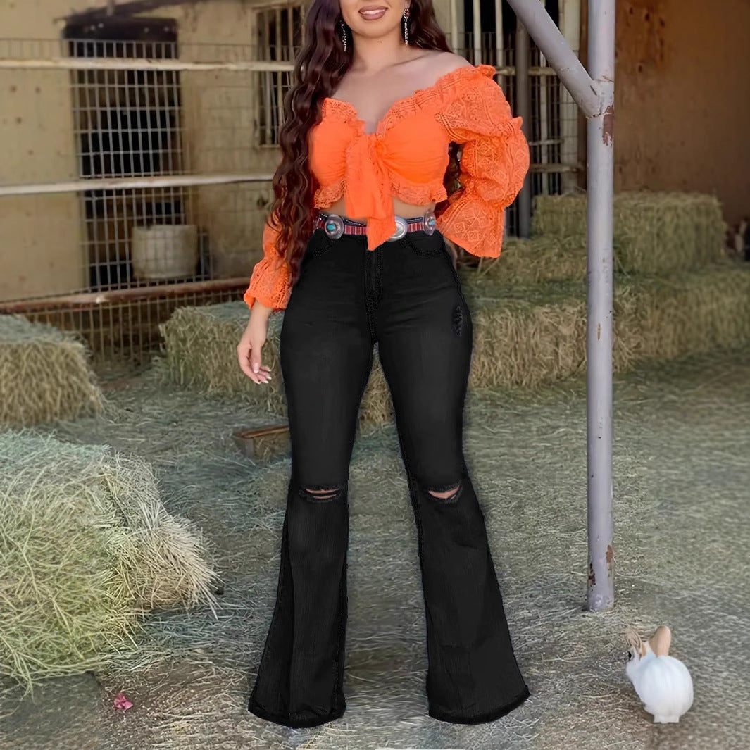 Damen High-Waist Bootcut-Jeans mit Knie-Rissen und figurbetontem Sculpting-Schnitt Nord Taschen
