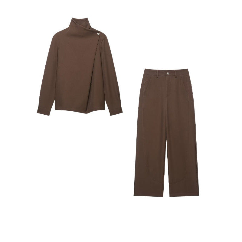 Damen Zweiteiler mit asymmetrischem Stehkragen-Oberteil und weiter Bundfaltenhose Nord Taschen