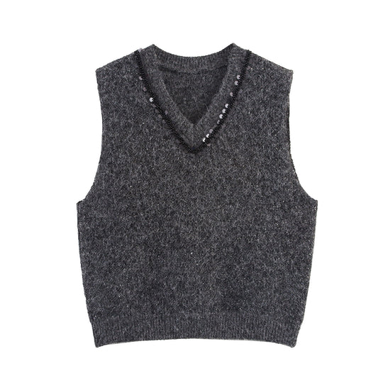 Damen Ärmellose Mohairoptik Strickweste mit V-Ausschnitt und Zierpailletten Nord Taschen