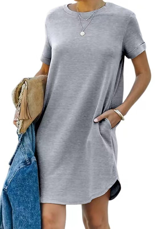 Damen lässiges Freizeitkleid mit Taschen und Rundhalsausschnitt