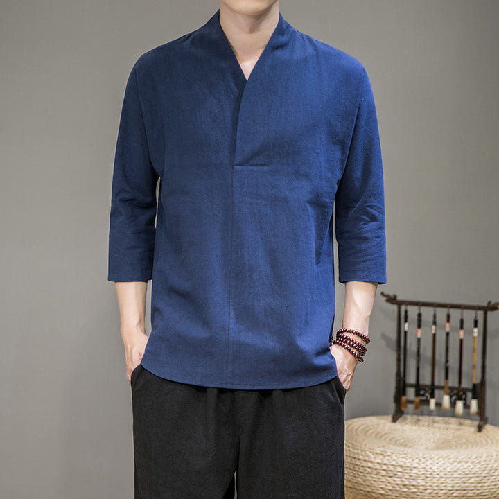 Herren modern geschnittene Kimono-Hemdjacke mit V-Kragen und 3/4-Ärmeln Nord Taschen