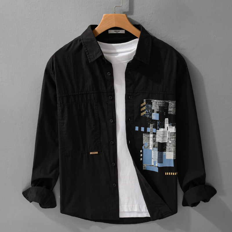 Herren Leichtes Baumwoll-Canvas-Overshirt mit abstraktem Frontprint und Doppelbrusttasche Nord Taschen