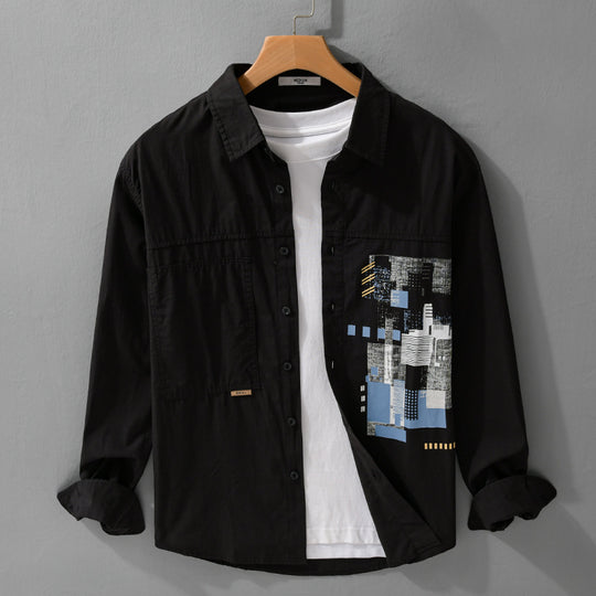 Herren Leichtes Baumwoll-Canvas-Overshirt mit abstraktem Frontprint und Doppelbrusttasche Nord Taschen