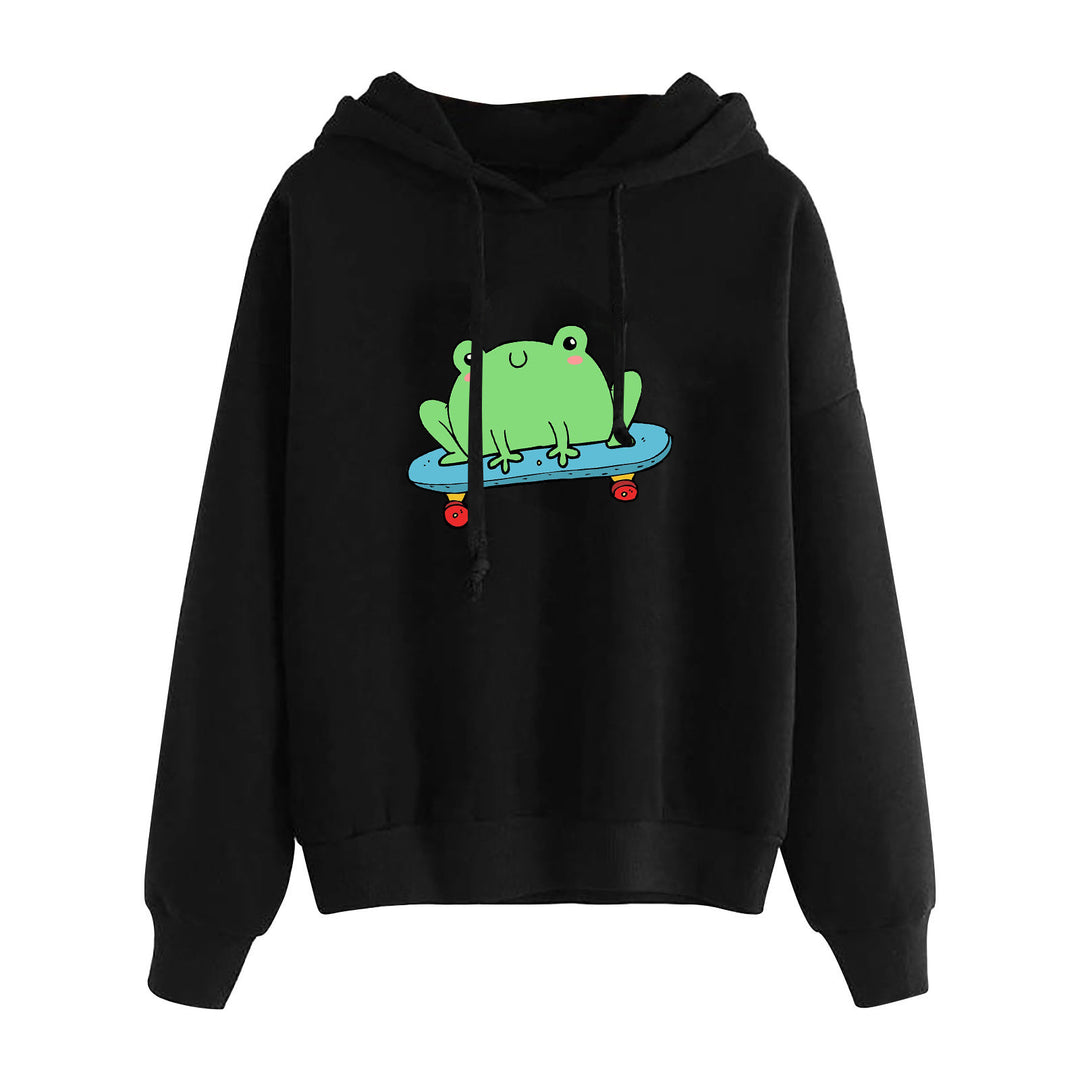 Damen nan kurz geschnittener Cropped-Kapuzenpullover mit niedlicher Frosch-Illustration und verstellbarer Kapuze Nord Taschen