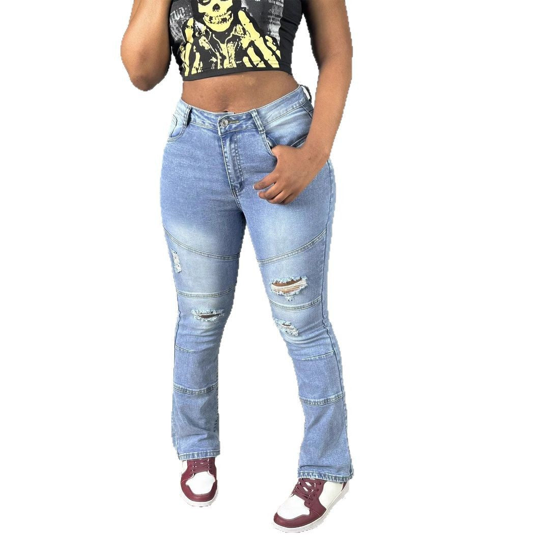 Damen Hochtaillierte Distressed Flared-Jeans mit Paneelnähten Nord Taschen