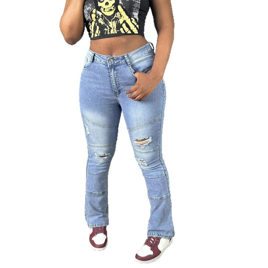 Damen Hochtaillierte Distressed Flared-Jeans mit Paneelnähten Nord Taschen