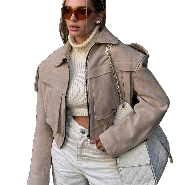 Damen Kurzblouson aus Veloursleder‑Optik mit Oversize‑Schulter und verdecktem Reißverschluss Nord Taschen