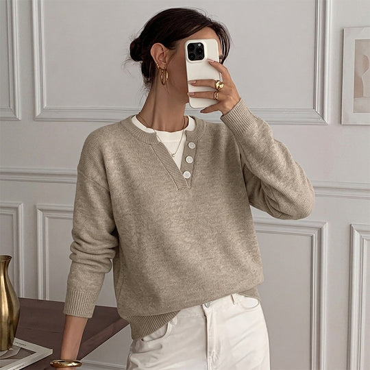 Damen Leichter Henley-Strickpullover mit Knopfleiste, gerippten Bündchen und relaxed Fit Nord Taschen