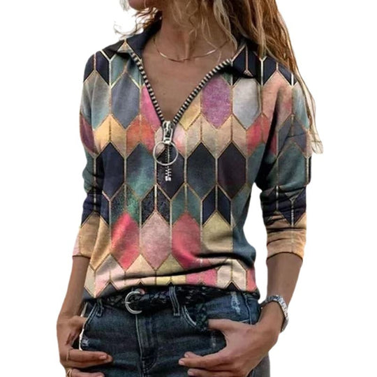 Damen Zip-Pullover mit Polokragen, grafischem Rautenprint und schmaler Passform Nord Taschen