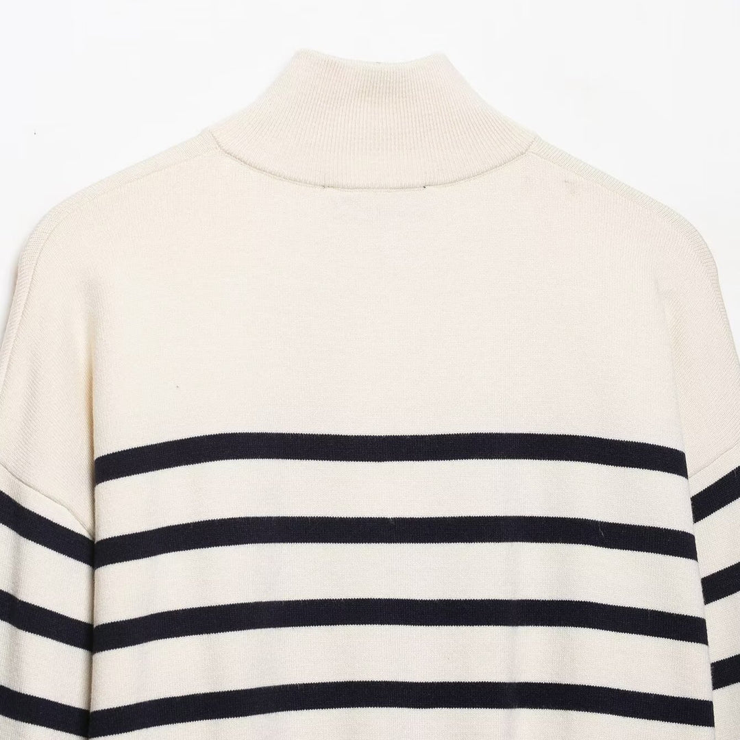 Damen Cropped Boxy Strickpullover mit halbem Reißverschluss, Stehkragen und breiten Streifen Nord Taschen