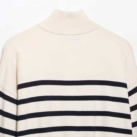 Damen Cropped Boxy Strickpullover mit halbem Reißverschluss, Stehkragen und breiten Streifen Nord Taschen