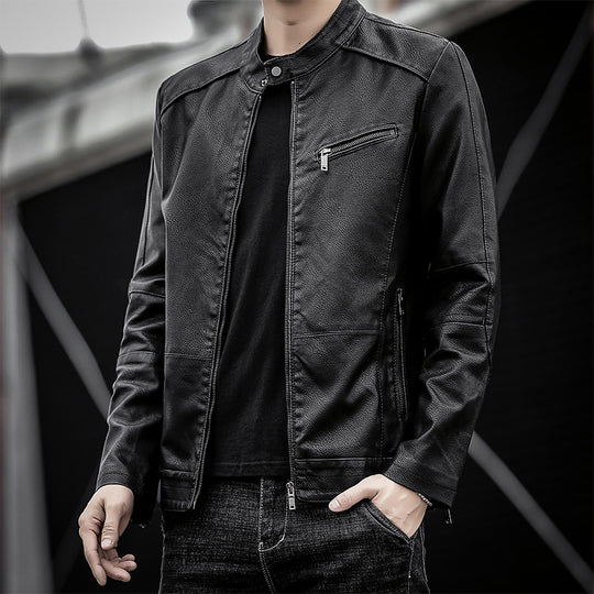 Herren Slim-Fit Kunstleder-Motojacke mit Stehkragen und Reißverschlussdetails Nord Taschen