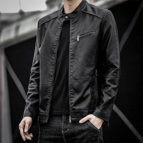 Herren Slim-Fit Kunstleder-Motojacke mit Stehkragen und Reißverschlussdetails Nord Taschen