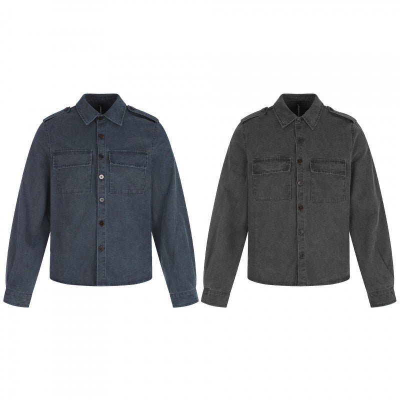 Damen Kastenförmige Overshirt-Jacke aus Denim mit Schulterklappen und aufgesetzten Brusttaschen Nord Taschen