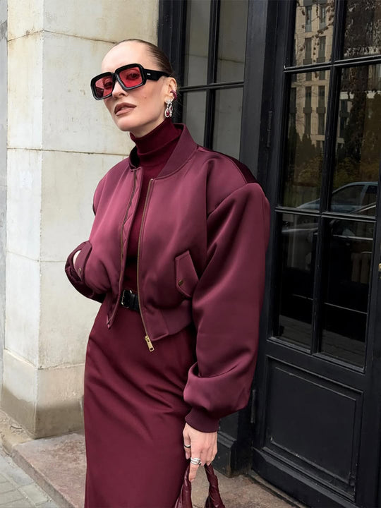 Damen Kurzer Satin‑Bomber mit kastiger Silhouette, Pattentaschen und elastischem Bündchen Nord Taschen