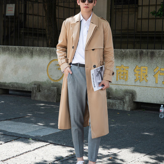 Herren langer doppelreihiger Trenchcoat mit Sturmklappe und D-Ring-Details Nord Taschen