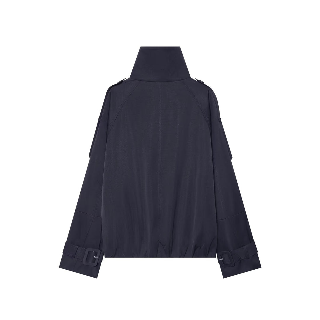 Damen Kurzes Doppelreiher‑Cape‑Trench mit hohem Funnelkragen und Ärmelriemen Nord Taschen