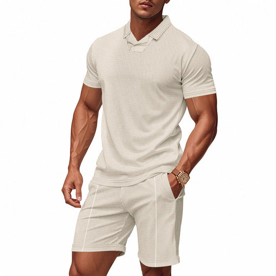 Herren nan lässiges Waffelstruktur-Freizeitset mit Reverskragen-Kurzarmshirt und elastischen Freizeitshorts