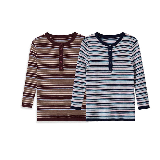 Damen Feinstrick-Henleyshirt mit feiner Streifenstruktur und Knopfblende Nord Taschen