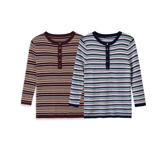 Damen Feinstrick-Henleyshirt mit feiner Streifenstruktur und Knopfblende Nord Taschen