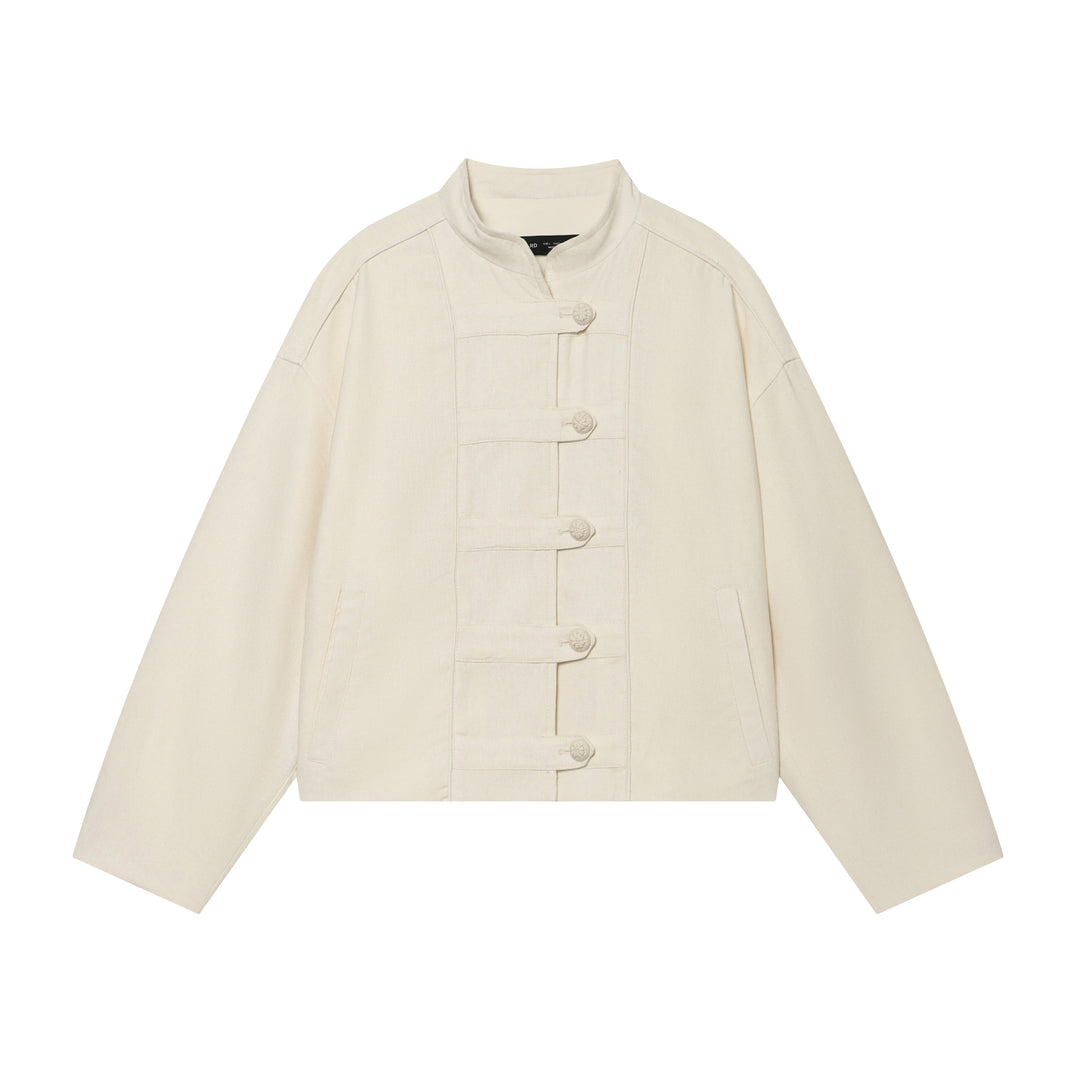Damen Cropped Jacke mit Stehkragen und dekorativen Knotenknöpfen Nord Taschen