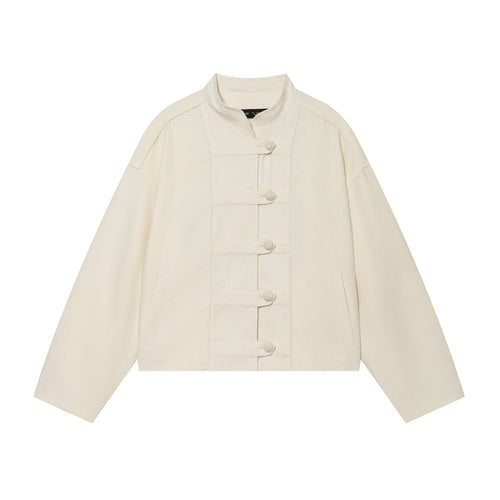 Damen Cropped Jacke mit Stehkragen und dekorativen Knotenknöpfen Nord Taschen