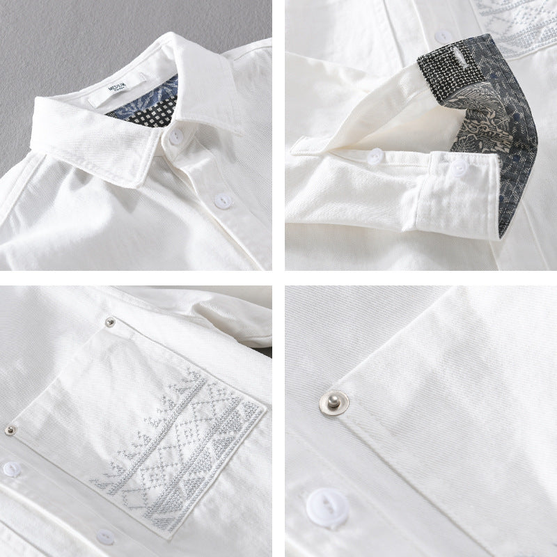 Herren Baumwoll-Overshirt mit Kontrastfutter, Brusttaschen und feiner Stickerei Nord Taschen