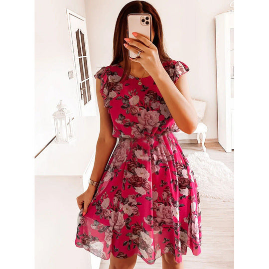 Damen Sommerliches Blumenkleid mit Rüschendetails und Taillengürtel