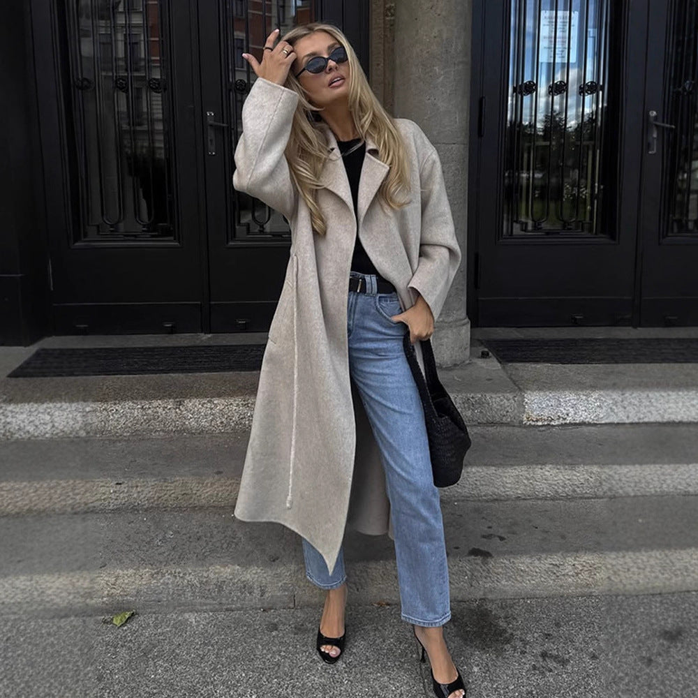 Damen Oversize Wollmix-Mantel mit offenem Fall, weitem Schalkragen und geradem Schnitt Nord Taschen