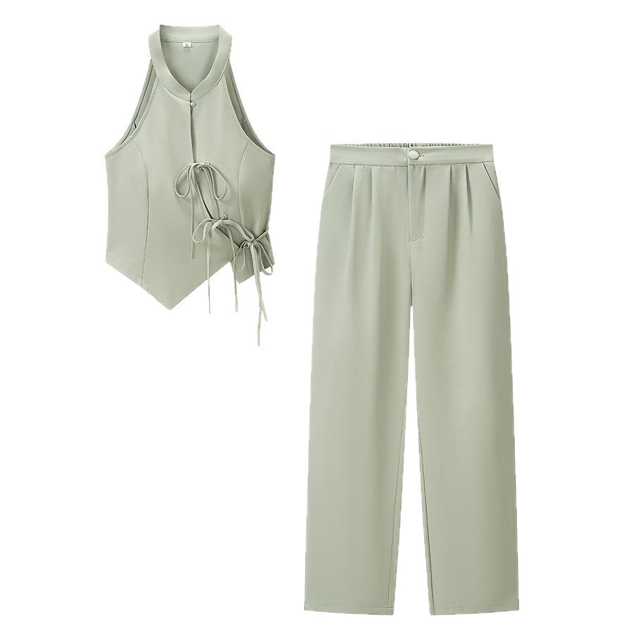 Damen Zweiteiliges tailliertes Weste- und weites Hosen-Set mit Schnürdetail Nord Taschen